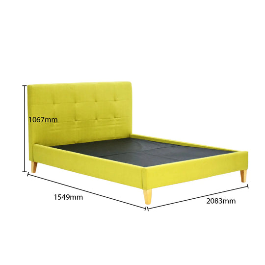 Yellow bed frame with dimensions marked on a white background