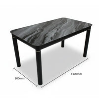 Dining table with black marble-like top and legs, shown with dimensions on a white background.