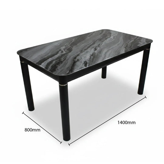 Dining table with black marble-like top and legs, shown with dimensions on a white background.