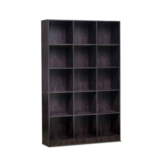 Dark brown bookshelf with multiple shelves on a white background