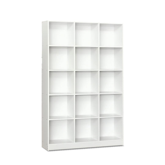 White bookshelf with 12 compartments on a white background