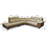 Beige sectional sofa with dimensions marked
