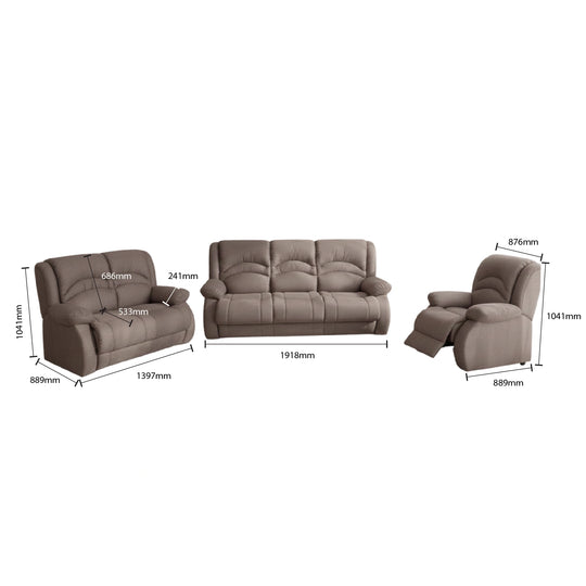 Brown sofa set with dimensions on a white background