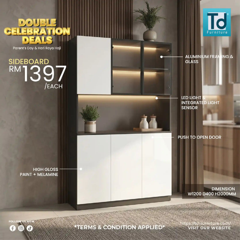 Sideboard with features and pricing details on a promotional poster for TD Furniture.