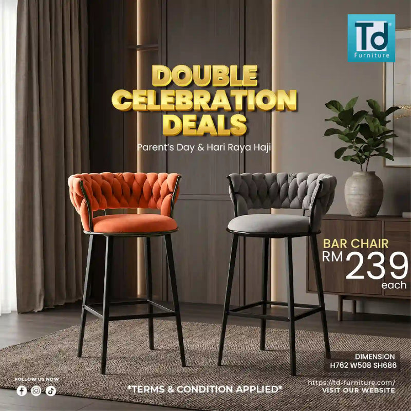 Two bar chairs in orange and gray with a promotional banner for 'Double Celebration Deals' on a modern living room background.