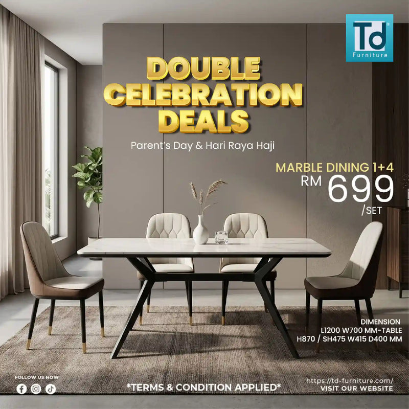 Dining set with marble table and chairs in a modern living room, featuring TD Furniture branding.