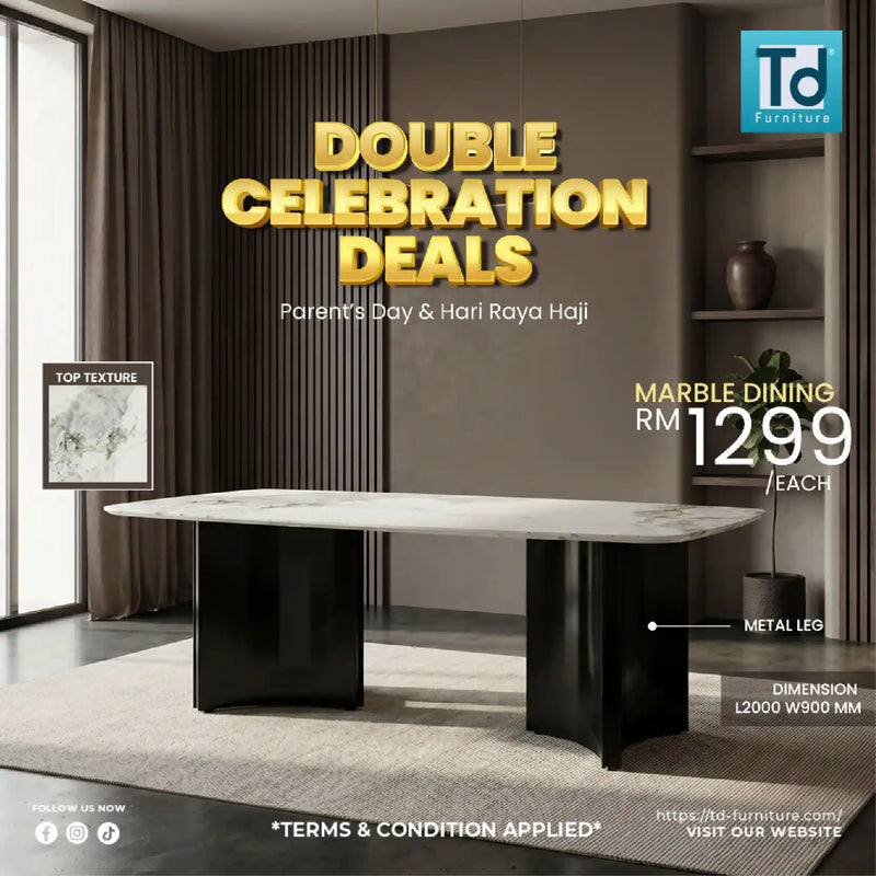 Advertisement for a marble dining table with promotional text on a modern interior setting.
