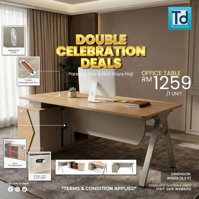 Office table with promotional text for Double Celebration Deals in a home office setting.