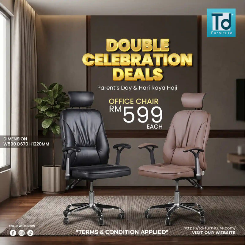 Two office chairs in a room with promotional text for Double Celebration Deals.