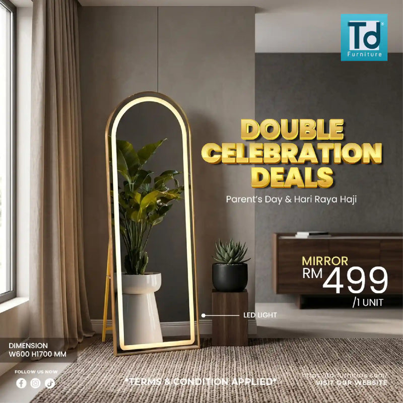 Advertisement for a mirror with LED light in a room setting, featuring TD Furniture branding.