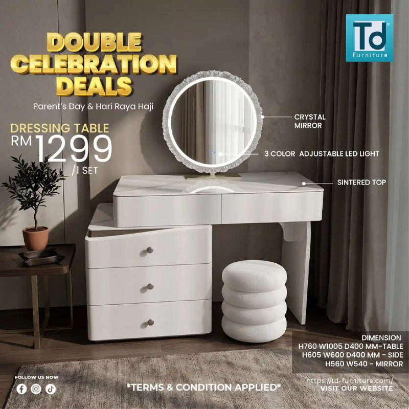 Dressing table with crystal mirror and LED light on a promotional poster for TD Furniture.