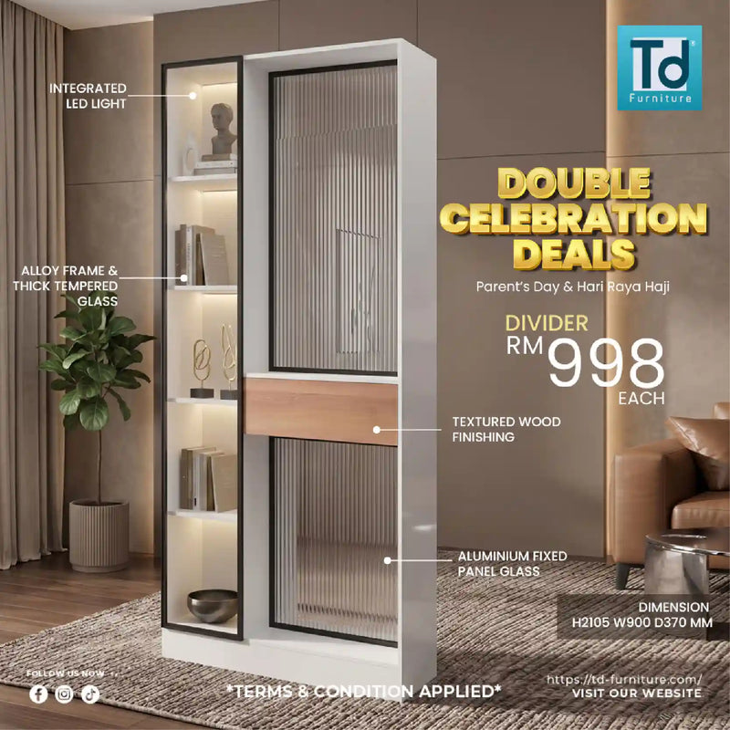 Furniture divider with features and pricing details on a promotional poster.