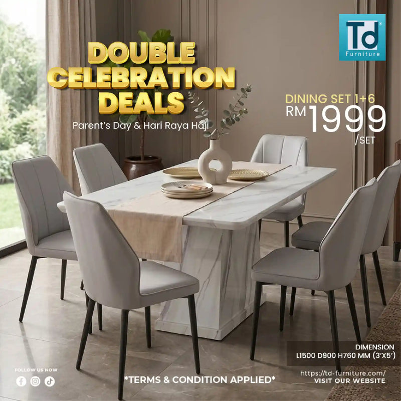 Dining set with table and chairs in a room setting, featuring promotional text for Double Celebration Deals.