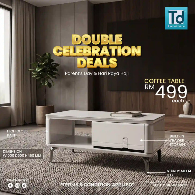 Advertisement for a coffee table with promotional text in a living room setting.