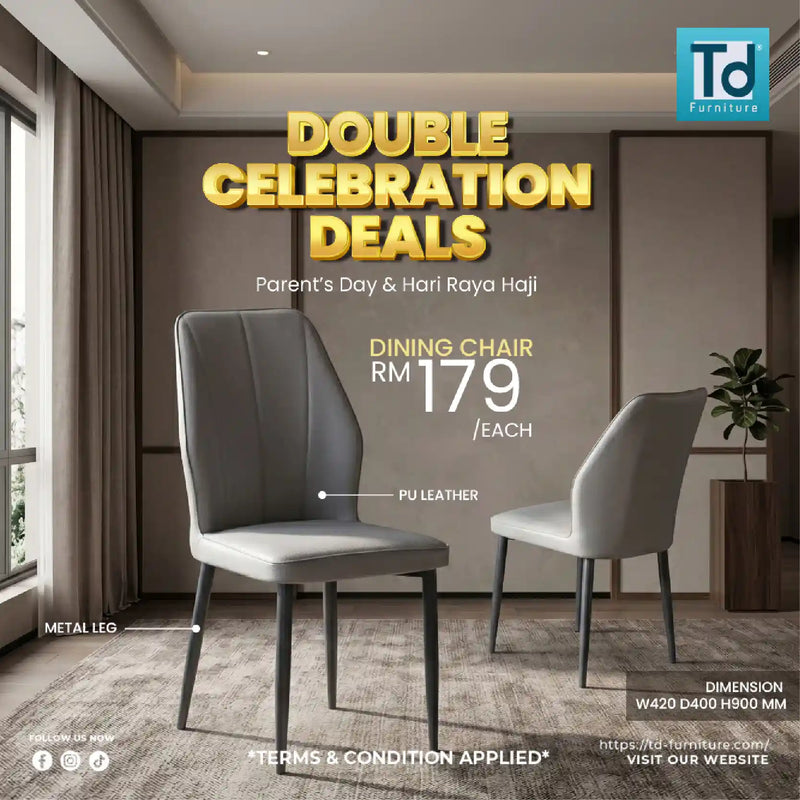 Dining chairs with promotional text for Double Celebration Deals in a modern interior setting.