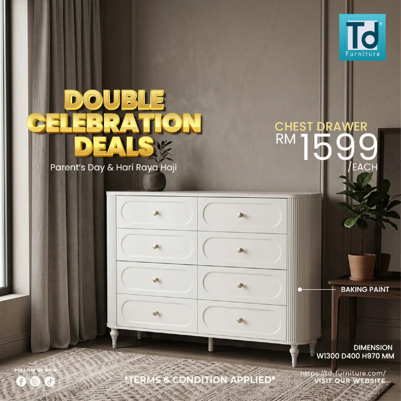 White dresser with promotional text for double celebration deals in a room setting.