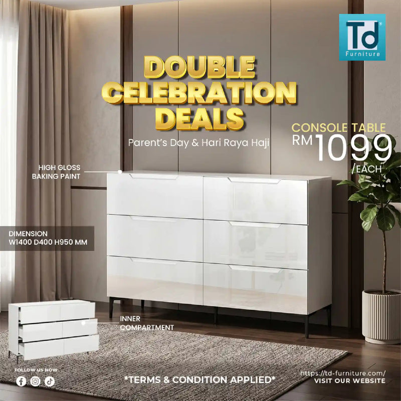 Console table with promotional text for Double Celebration Deals by TD Furniture.