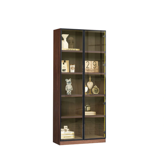 Tall wooden display cabinet with glass doors on a white background