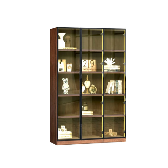Tall wooden bookshelf with glass doors displaying various items on a white background