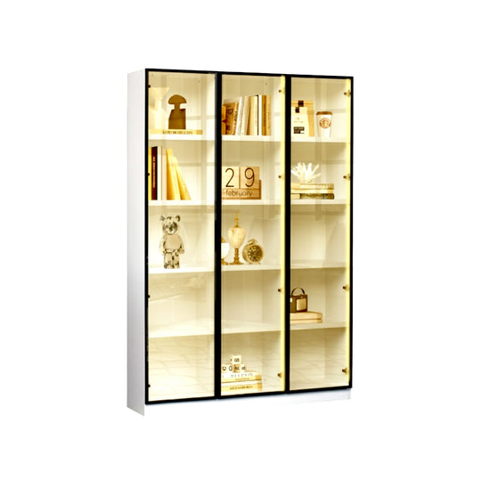 Glass display cabinet with illuminated interior on a white background