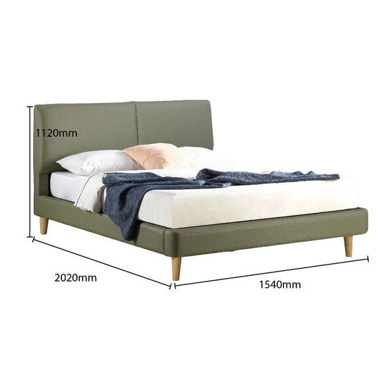 Green bed with dimensions labeled on a white background