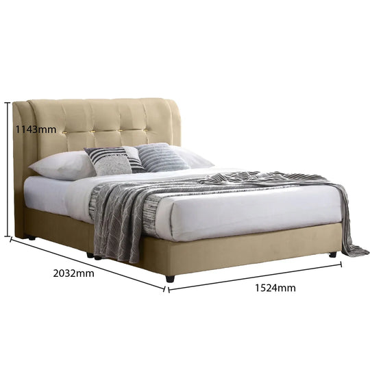 Beige upholstered bed with dimensions labeled on a white background
