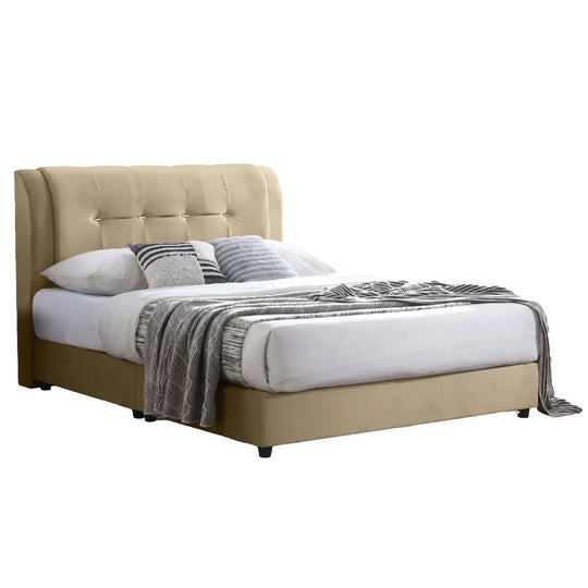 Beige upholstered bed with white bedding and gray striped blanket on a white background
