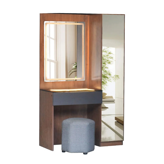 Wooden vanity with mirror and stool on a white background