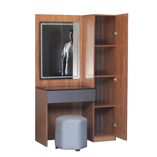 Wooden entertainment console with TV and shelves on a white background