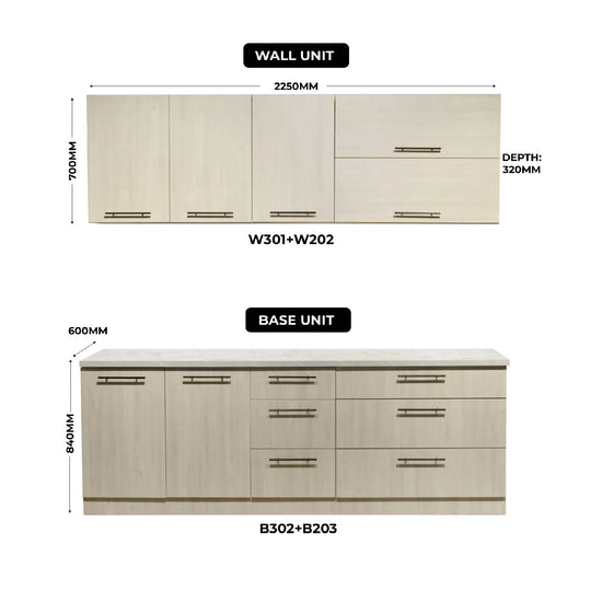 Dimensions of wall and base units with labels and measurements on a white background
