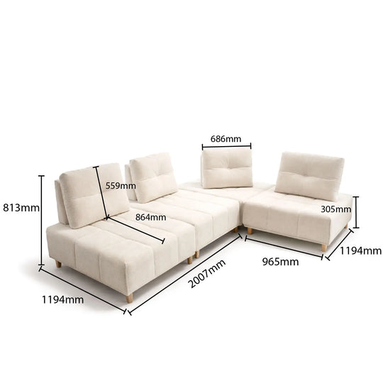 Beige sectional sofa with dimensions labeled on a white background