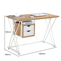 Wooden desk with white metal frame and dimensions labeled