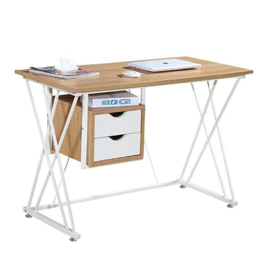 Wooden desk with white metal frame on a white background