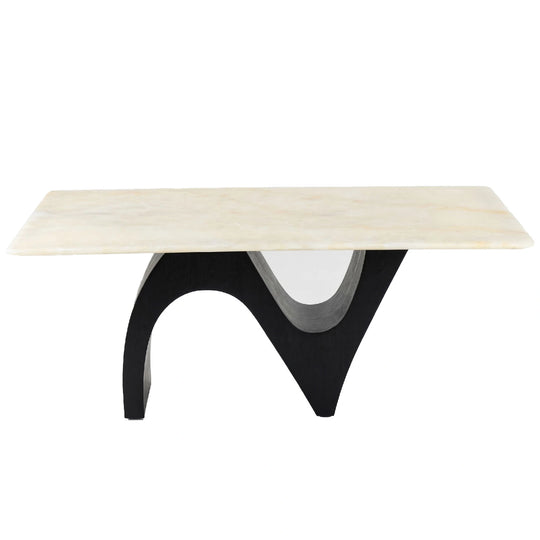 Modern coffee table with a light wooden top and black legs on a white background