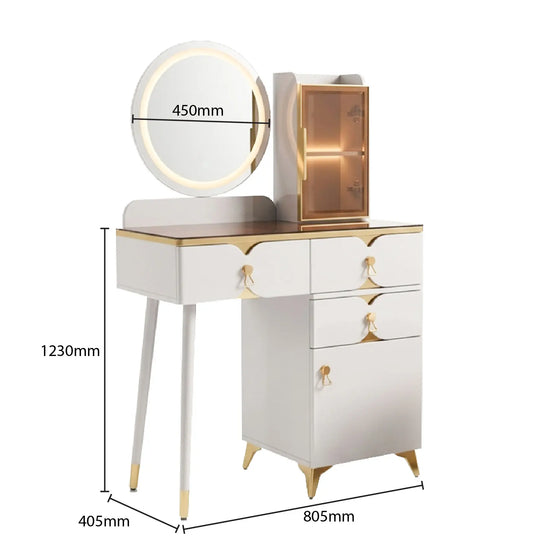 White vanity table with round mirror and dimensions on a white background
