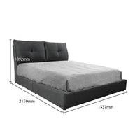 Gray bed with dimensions labeled on a white background