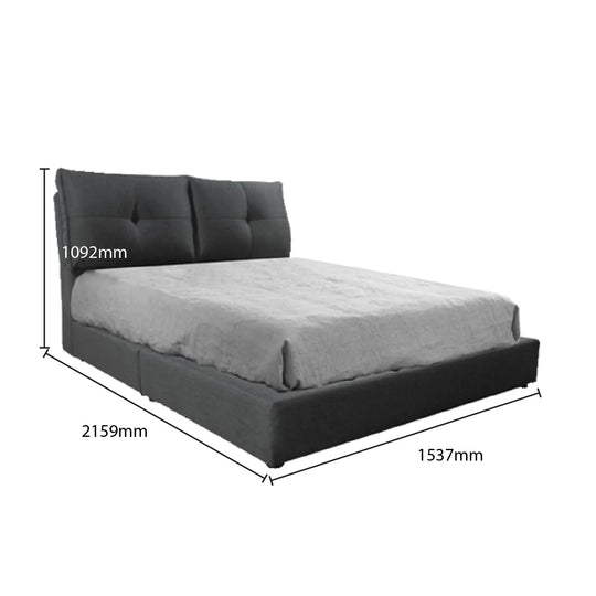 Gray bed with dimensions labeled on a white background