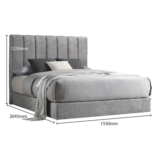 Gray upholstered bed with dimensions labeled on a white background