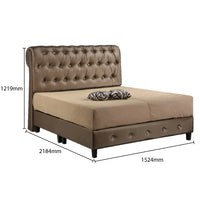 Brown upholstered bed with dimensions labeled on a white background