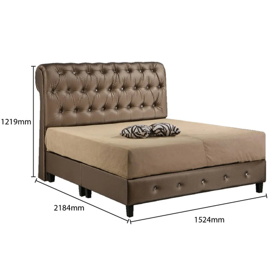 Brown upholstered bed with dimensions labeled on a white background