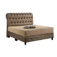 Beige bed with tufted brown headboard on a white background
