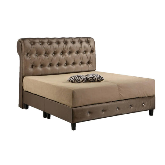 Beige bed with tufted brown headboard on a white background