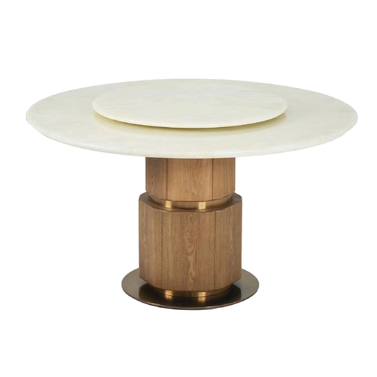 Modern side table with wooden base and white top on a white background