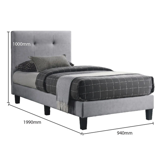 Gray upholstered bed with dimensions labeled on a white background