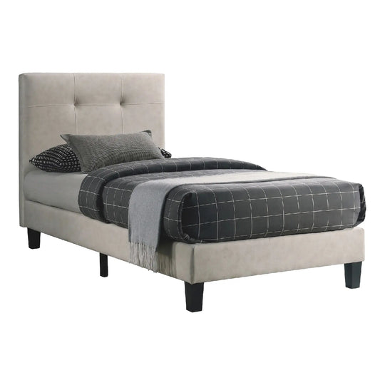 Bed with gray upholstered headboard and checkered bedding on a white background