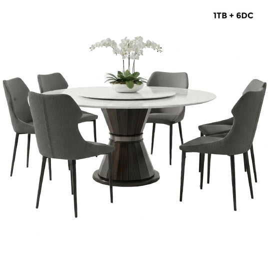 Dining table set with six chairs and a centerpiece on a white background