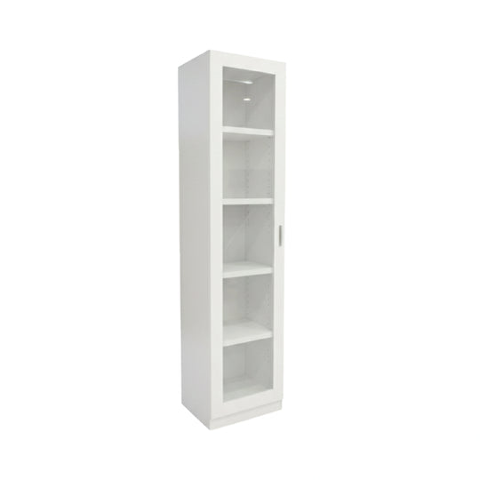 White tall cabinet with glass doors on a white background