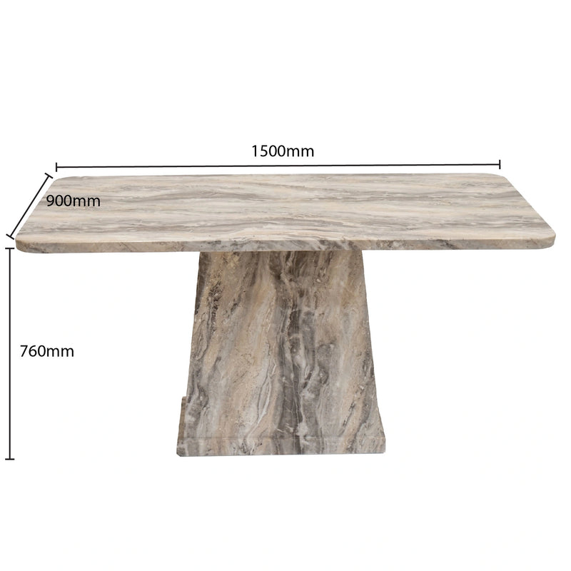 Marble-patterned table with dimensions on a white background