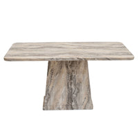 Marble-patterned table with a unique base design on a white background