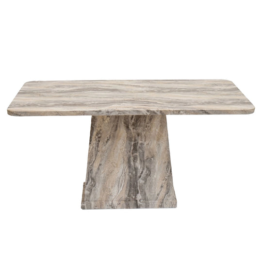 Marble-patterned table with a unique base design on a white background